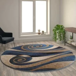 Flash Furniture 8x8 Round Blue and Beige Swirled Pattern Area Rug