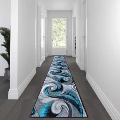 Flash Furniture Turquoise 3' x 15' Modern Ocean Waves Area Rug