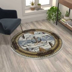Flash Furniture Beige 4x4 Round Nautical Seaside Indoor Area Rug