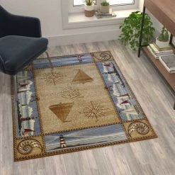 Flash Furniture Beige 3x5 Nautical Themed Olefin Indoor Area Rug