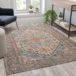 Flash Furniture Distressed Vintage Medallion Area Rug - 5' x 7' - Blue Multi Polyester