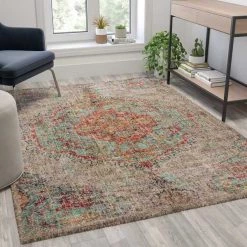 Flash Furniture Distressed Medallion Area Rug - 5' x 7' - Gray Multi Polyester