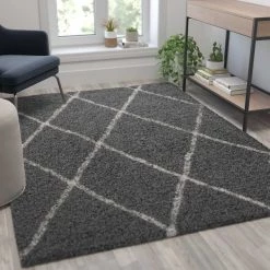 Flash Furniture Shag Style Diamond Trellis Area Rug - 5' x 7' - Charcoal/Ivory Polyester (PET)