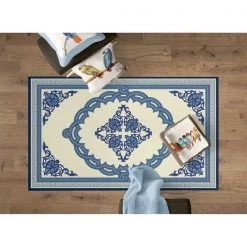 Deerlux Transitional Living Room Area Rug with Nonslip Backing, Blue Medallion Pattern, 4 x 6 ft Small