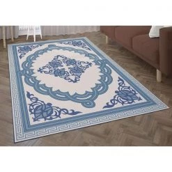 Deerlux Transitional Living Room Area Rug with Nonslip Backing, Blue Medallion Pattern, 9 x12 ft Extra Large