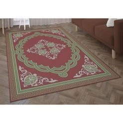 Deerlux Transitional Living Room Area Rug with Nonslip Backing, Red Medallion Pattern, 8 x 10 ft