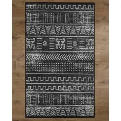 Deerlux Boho Living Room Area Rug with Nonslip Backing, Black Tribal Pattern, 4 x 6 Ft Small
