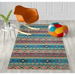 Deerlux Boho Living Room Area Rug with Nonslip Backing, Turquoise Aztec Pattern, 3 x 5 ft Extra Small -Rugs&Mats Official Shop Quickway20Imports20Inc 676497xx92c3bc