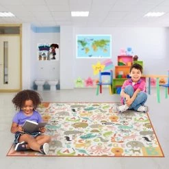 Deerlux 6 ft. Social Distancing Colorful Kids Classroom Seating Area Rug, ABC Animal Design, 8 x 8 ft Large