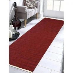 Jensendistributionservices 2 ft. 6 in. x 6 ft. Hand Woven Flat Weave Kilim Wool Runner Rug; Burgundy