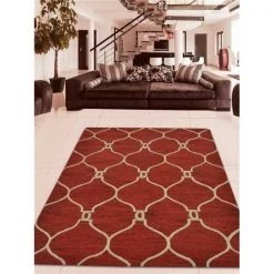 Jensendistributionservices 9 x 12 ft. Hand Tufted Wool Geometric Rectangle Area Rug; Red & Beige