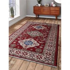 Jensendistributionservices 5 x 8 ft. Hand Knotted Afghan Wool & Silk Kazak Rectangle Area Rug; Red & Cream