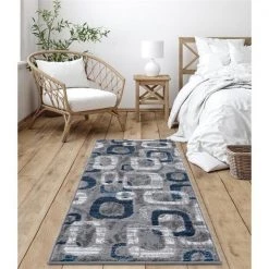 Lbaiet SL425B26 Blue Emberly Geometric 2 x 6 ft. Runner Rug; Blue; Gray & White