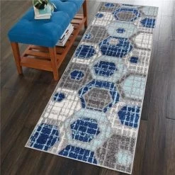 Lbaiet CH379B26 Blue Amoura Geometric 2 x 6 ft. Runner Rug; Blue; Gray; White & Teal