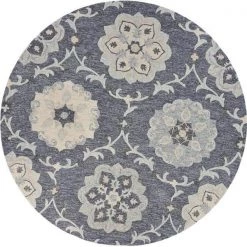 LR Resources VICTO81582GRY4ARD 4 ft. x 10 in. Round Floral Garden Area Rug; Deep Gray & Blue