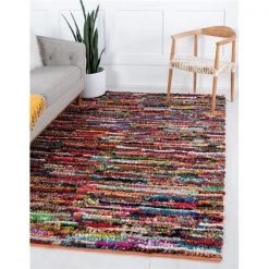 Unique Loom 3146966 8 x 10 ft. Multi-Striped Braided Chindi Rectangular Rug; Multi Color