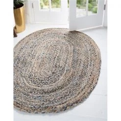 Unique Loom 3146958 8 x 10 ft. Crossed Braided Chindi Oval Area Rug; Blue