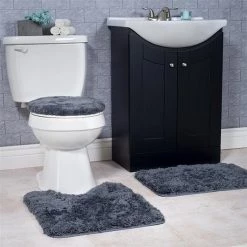 Lavish Home 67-14-P Super Plush Non-Slip Bath Mat Rug Set; Platinum - 3 Piece
